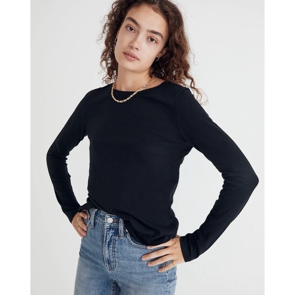 Madewell Top Whisper Cotton Rib-Crewneck Long-Sleeve Tee True Black XXS NWT New - Picture 2 of 11